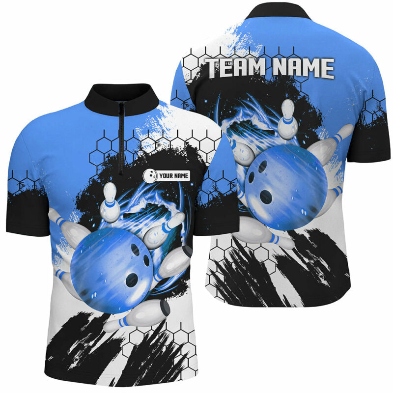 Blue Flame bowling ball and pins jerseys Custom Team League Bowling Quarter Zip Shirts For Men
