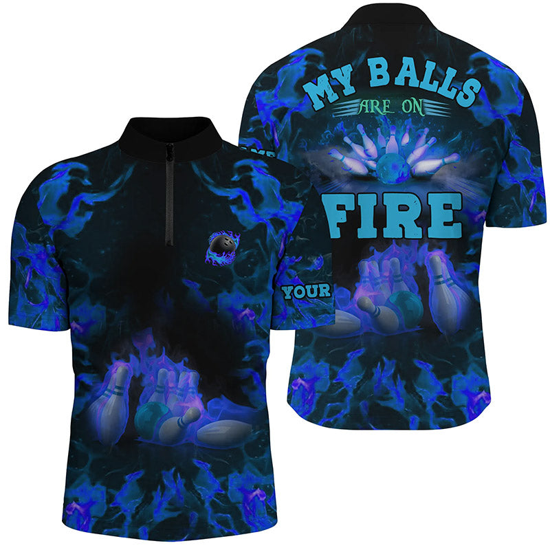 Blue Flame bowling shirt custom my balls are on fire bowling Quarter Zip shirts for men