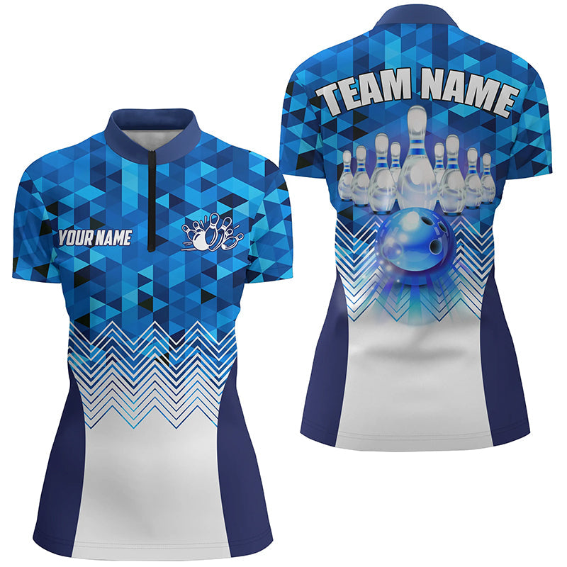 Blue Geometric Pattern Bowling Ball Pins Custom Women Bowling Quarter Zip Shirt