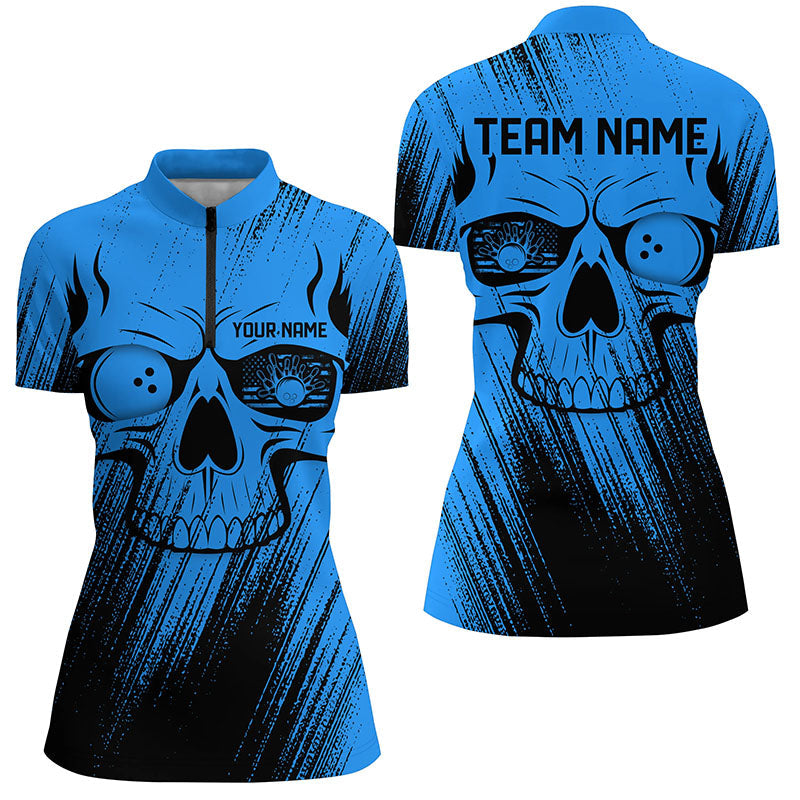 Blue Grunge Skull Bowling Quarter Zip Shirt Shirts For Women Custom Bowling Team League Jerseys