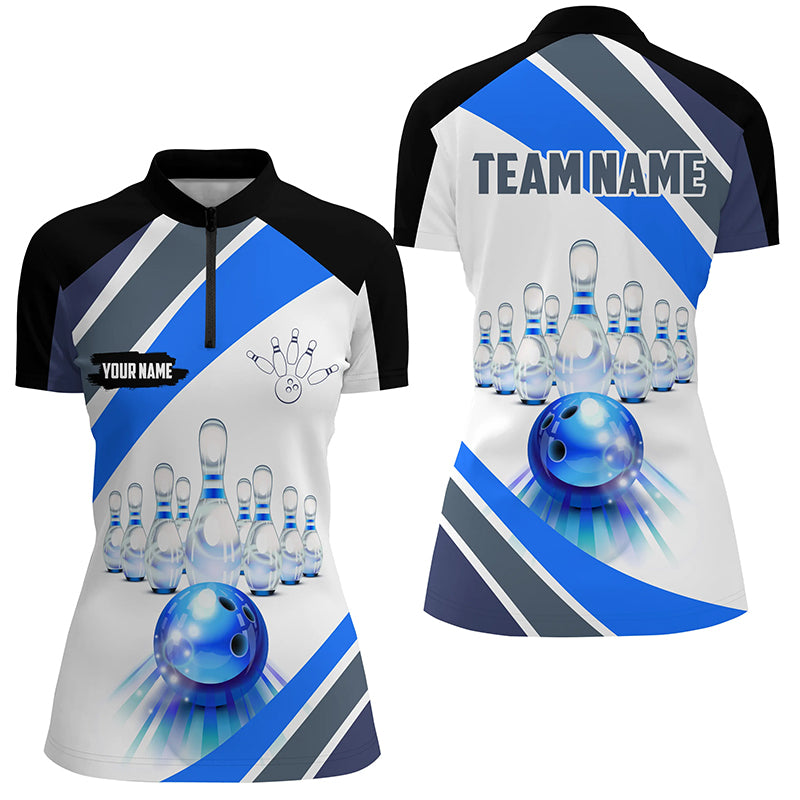 Blue Light Bowling Quarter Zip Shirt For Women Custom Bowling Ball And Pins Team League Jerseys