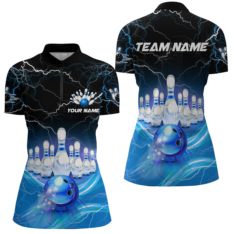 Blue Light Lightning Thunder Women Bowling Quarter Zip Shirt Custom Bowling Jerseys