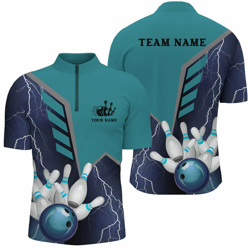 Blue Lightning Men'S Bowling Shirt Quarter Zip Custom Name Mens Bowlers Jersey