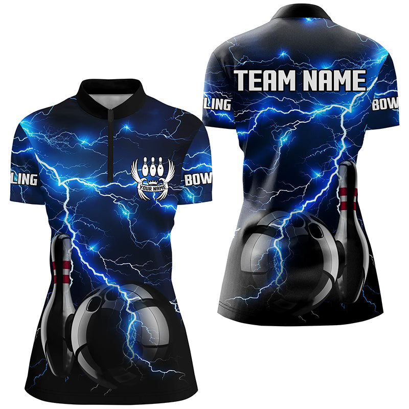 Blue Lightning Thunder Black Women Bowling Quarter Zip Shirt Custom Storm Bowling Team Jerseys