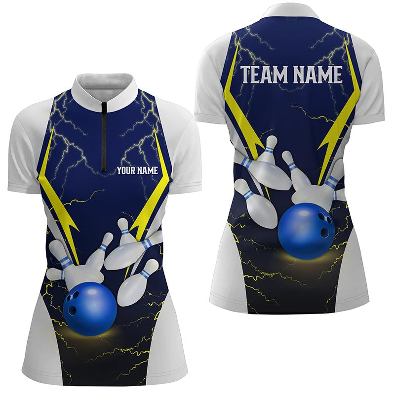 Blue Lightning Thunder Bowling Ball & Pins Custom Women Bowling Quarter Zip Shirt