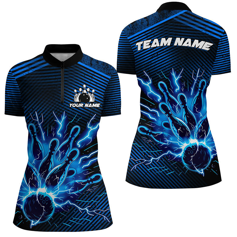 Blue Lightning Thunder Bowling Quarter Zip Shirts For Women Custom Bowling Team League Jerseys