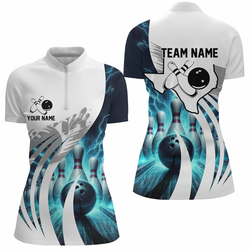 Blue Lightning Thunder Women Bowling Quarter Zip Shirt Custom Texas Team League Jerseys