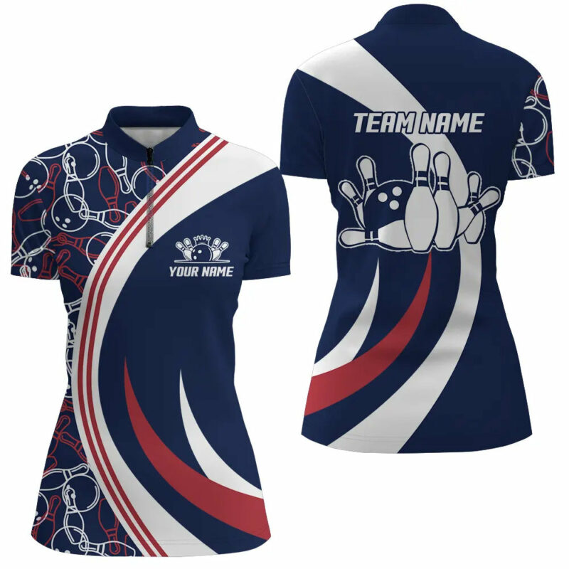 Blue&Red Bowling Quarter-Zip Shirt Women Custom Bowling Jersey With Name Bowling Team League Shirt