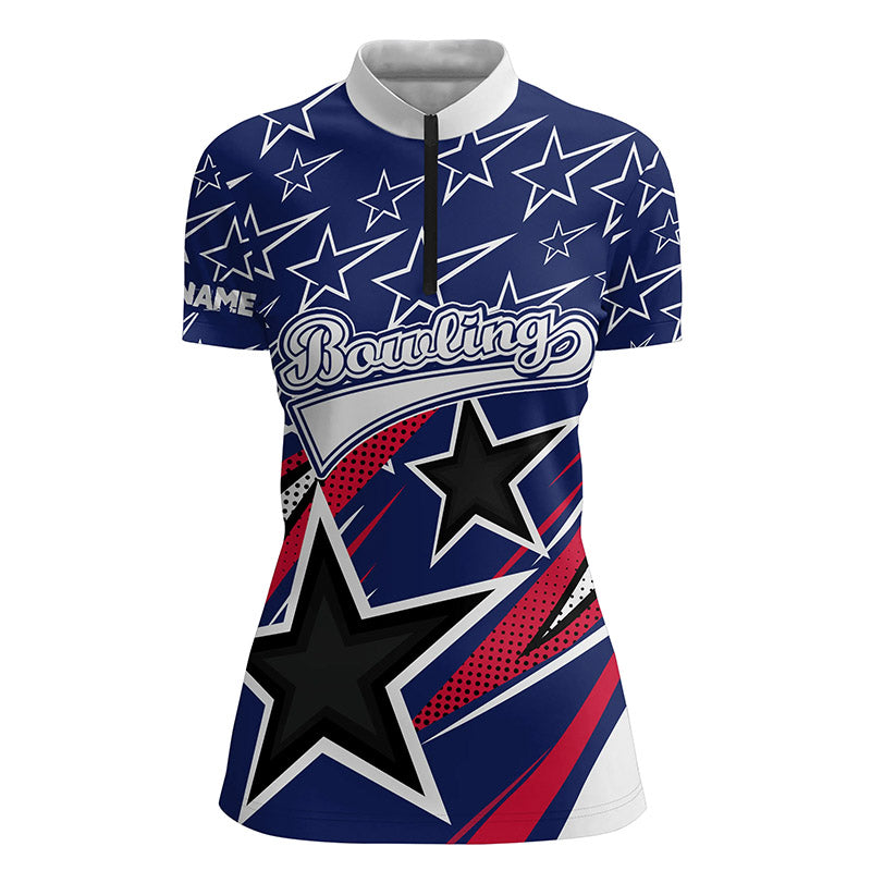 Blue Stars Womens Quarter Zip Shirt Custom Name Team Bowling Jerseys
