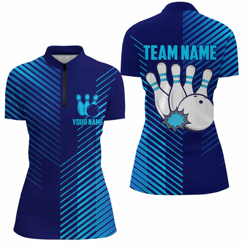 Blue Stripes Pattern Bowling Ball Pins Custom Women'S Bowling Quarter Zip Shirts Team Jerseys
