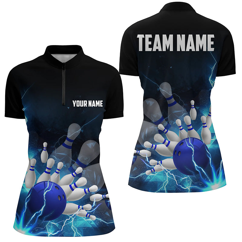 Blue Thunder Lightning Custom Bowling Quarter Zip Shirts For Men Team Name Bowling Jerseys