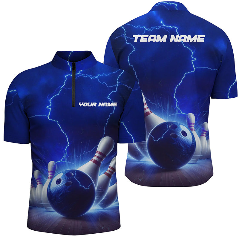 Blue Thunder Lightning Men Bowling Quarter Zip Shirts Personalized Bowling League Team Jerseys