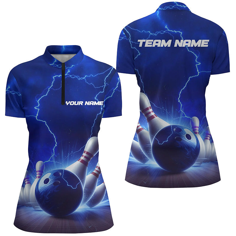 Blue Thunder Lightning Women Bowling Quarter Zip Shirts Customm Bowling League Team Jerseys