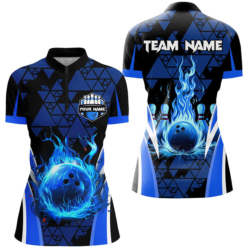 Blue Triangle Pattern Flame Bowling Ball Pins Custom Women Quarter Zip Shirts