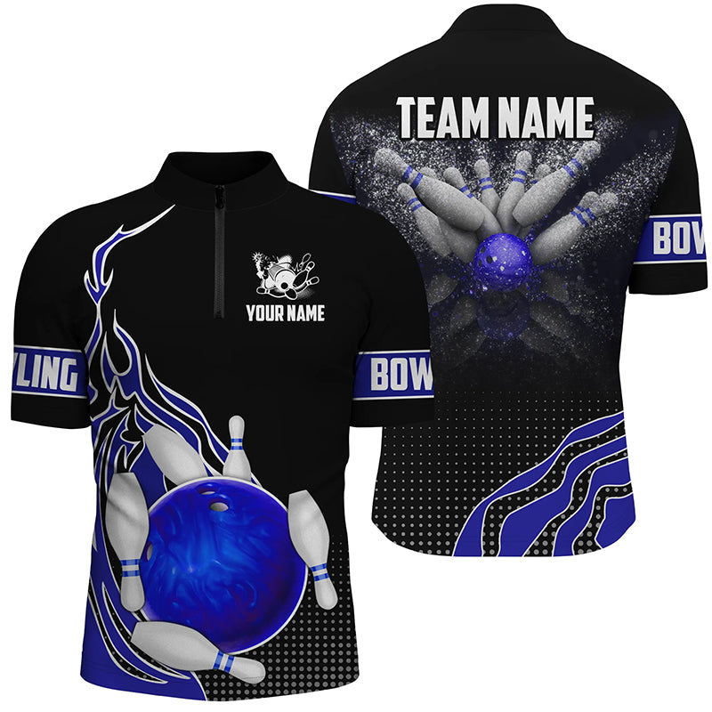 Blue and black Bowling Quarter Zip shirts for men custom Bowling ball pins Team Jerseys bowl gifts