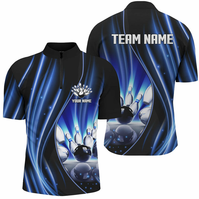 Blue and black light Mens bowling Quarter Zip Shirt Custom league jerseys