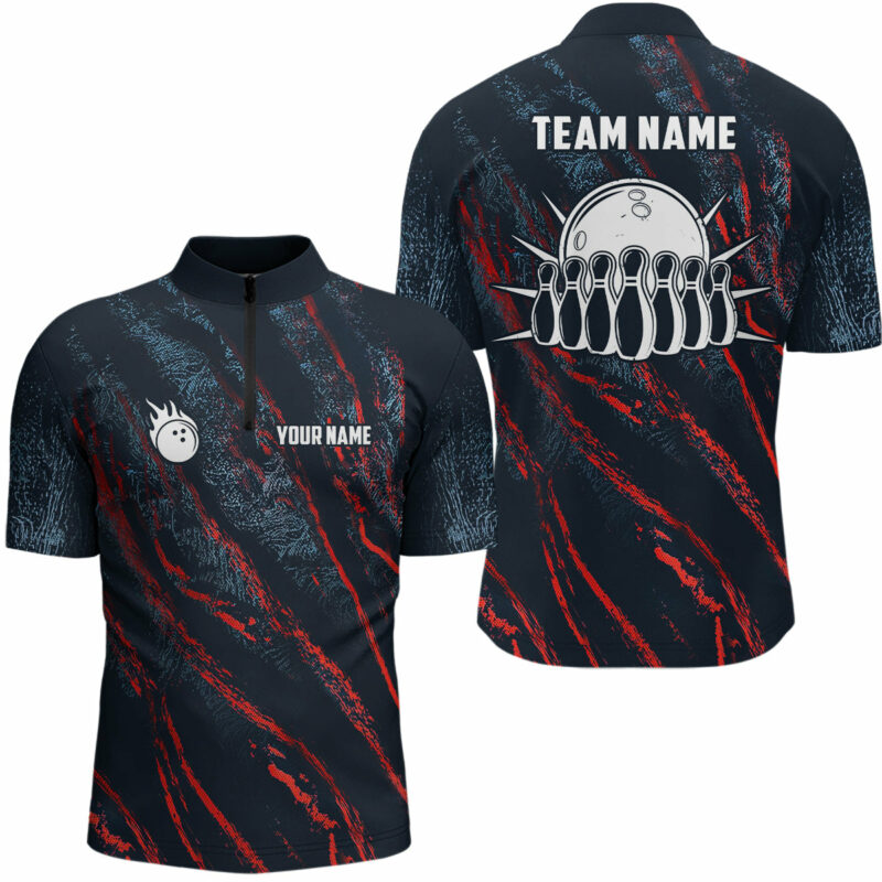 Blue and red camo bowling ball and pins jerseys Custom Team League Bowling Quarter Zip Shirts For Men
