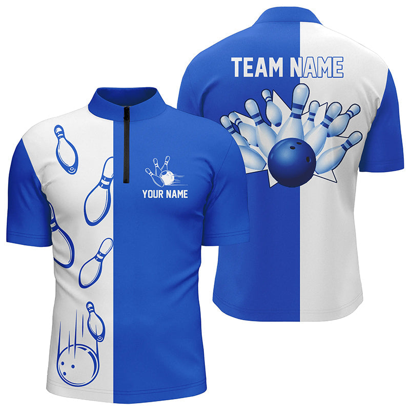 Blue and white retro vintage Bowling Quarter Zip shirts for men custom Bowling team jerseys