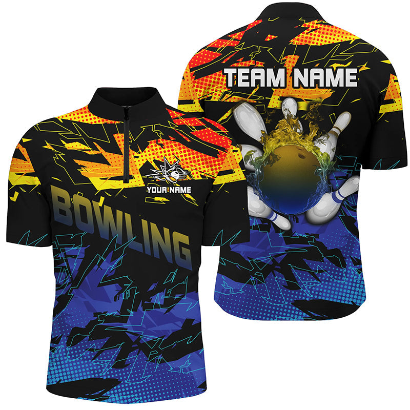 Blue and yellow camo bowling Quarter Zip shirts for men Custom Team bowling jerseys