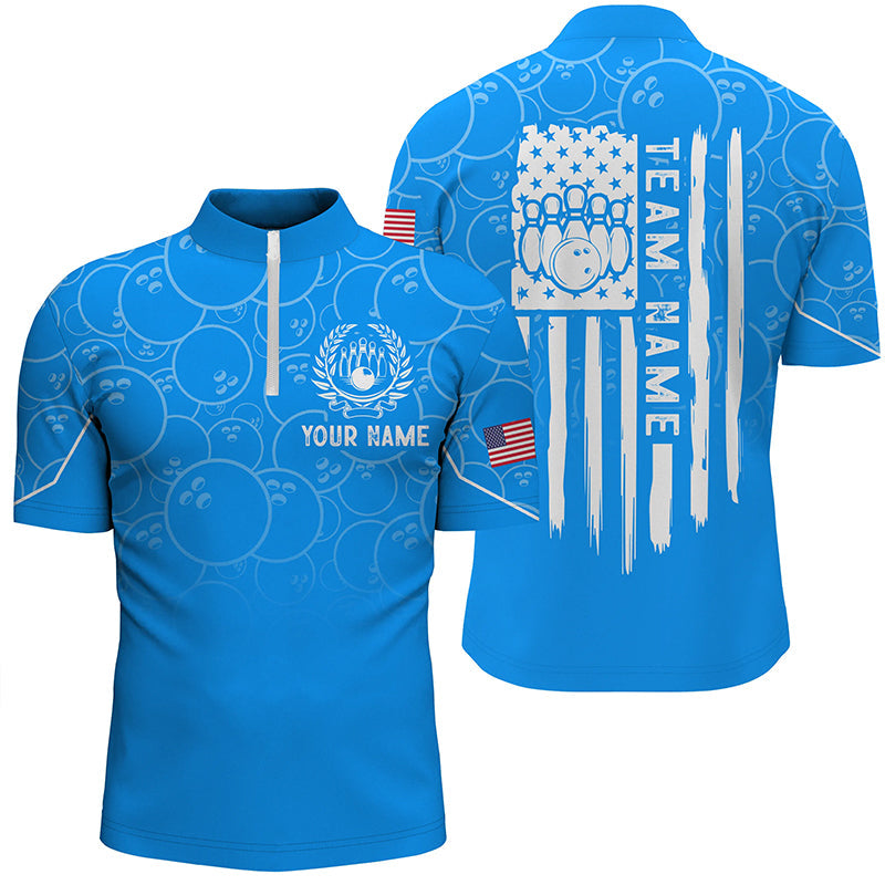 Blue bowling camo Mens bowling Quarter Zip shirts Custom American flag patriotic bowling team jerseys