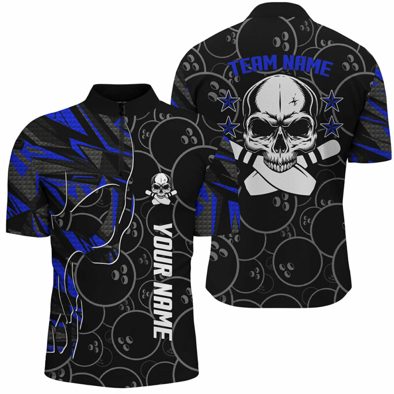 Blue camo black Bowling Quarter Zip shirts for men custom team Skull Bowling