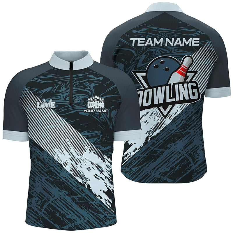 Blue camo bowling ball and pins custom Men Bowling Quarter Zip Shirts