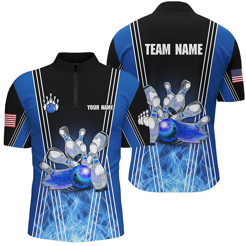 Blue flame bowling Quarter Zip shirts for men Custom Team bowling jerseys for men