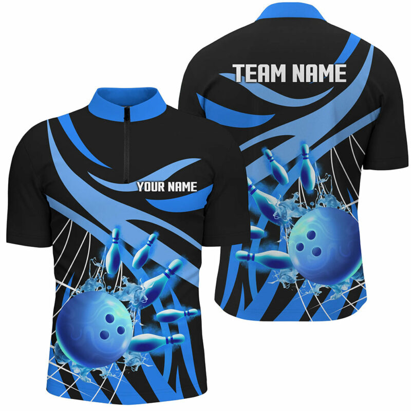 Blue flame bowling Quarter Zip shirts for men Custom Team bowling jerseys for men
