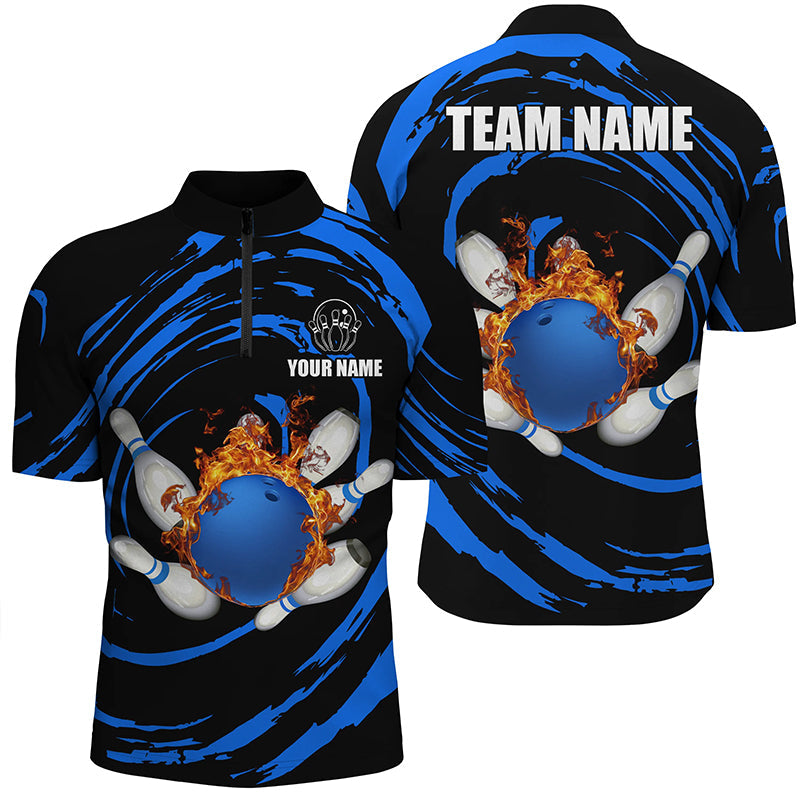 Blue flame bowling ball and pins Men's bowling Quarter Zip shirts Custom Team male bowling outfit