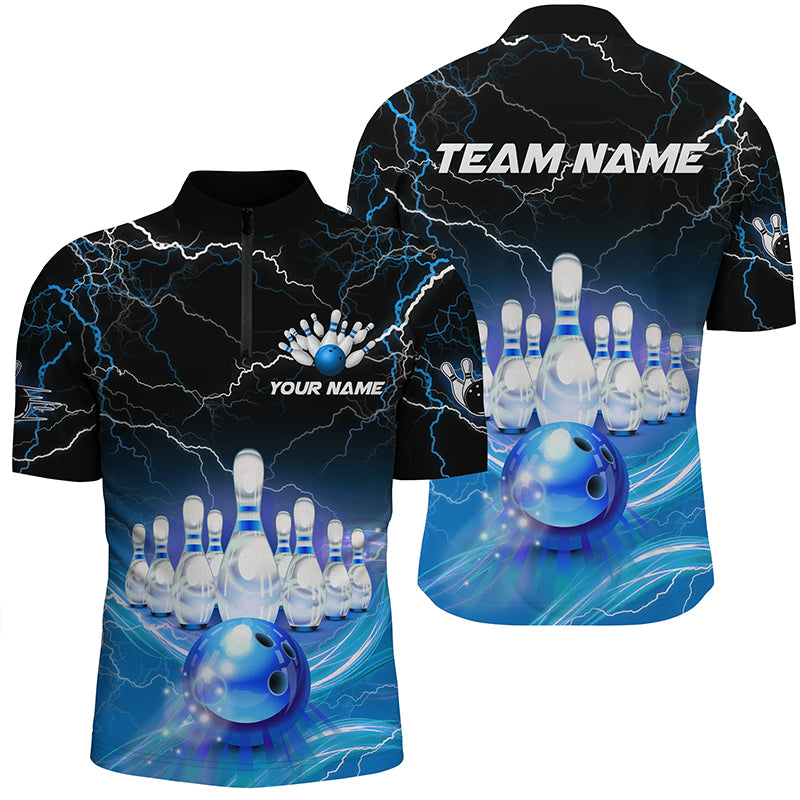 Blue light lightning thunder Men bowling Quarter Zip shirt Custom Team bowling jersey