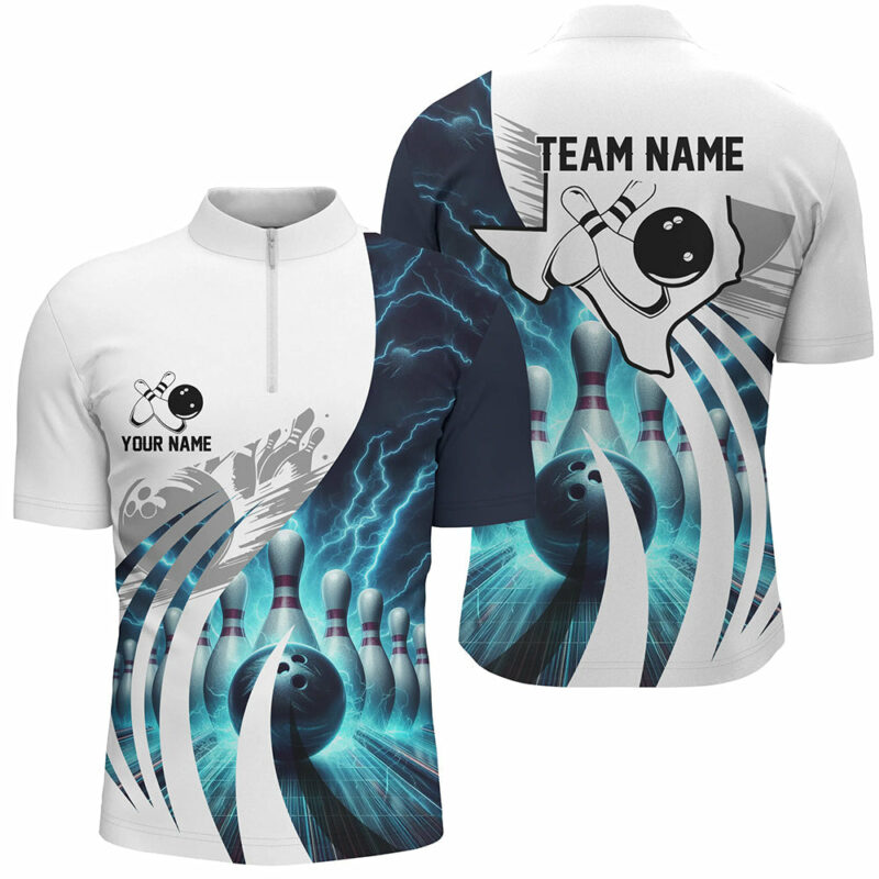 Blue lightning thunder Men Bowling Quarter Zip Shirt Custom Texas Team league Jerseys