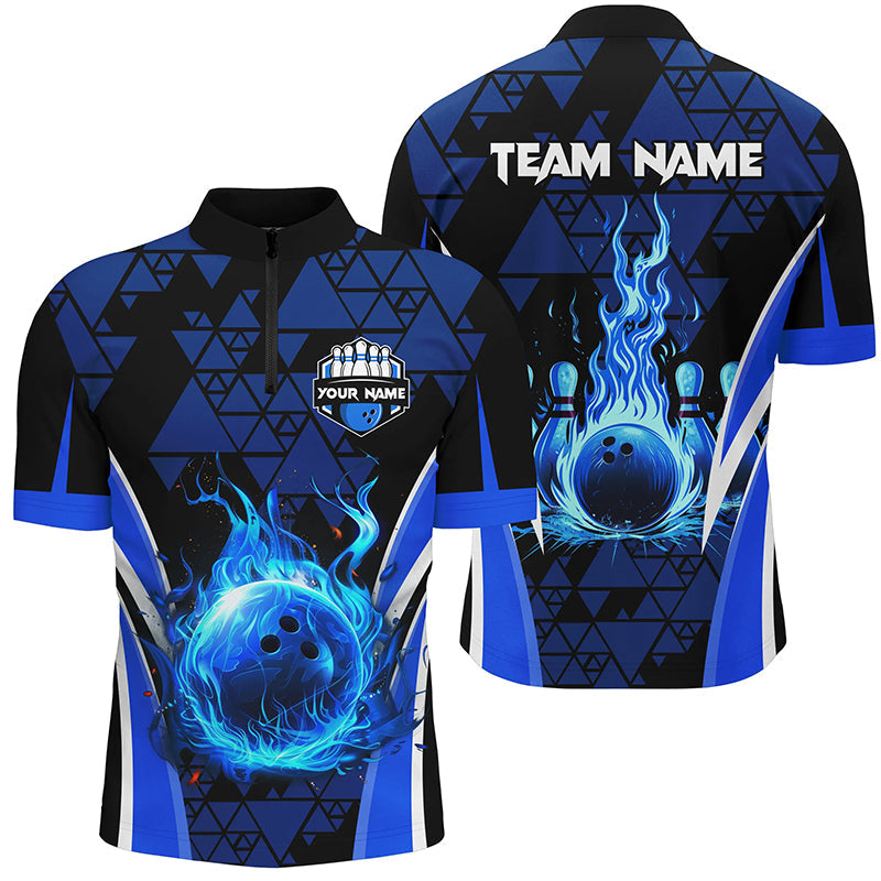 Blue triangle pattern flame bowling ball pins custom Men Quarter Zip Shirt