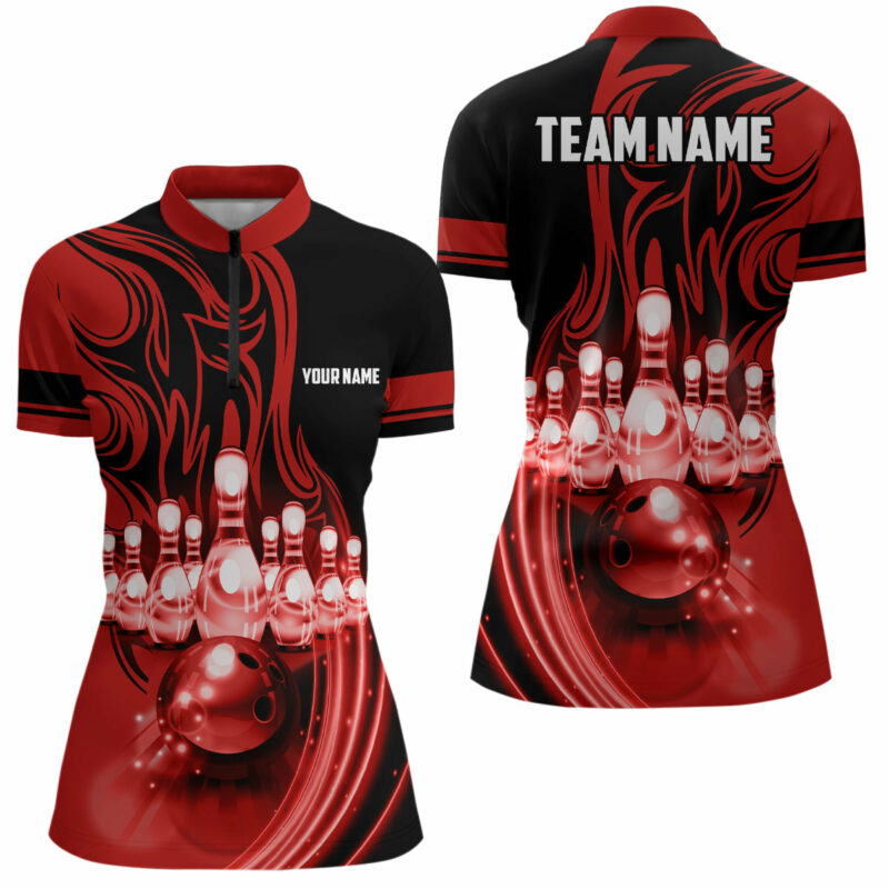 Bowling Ball And Pins Red Light Custom Team League Bowling Jerseys Quarter Zip Shirts For Women