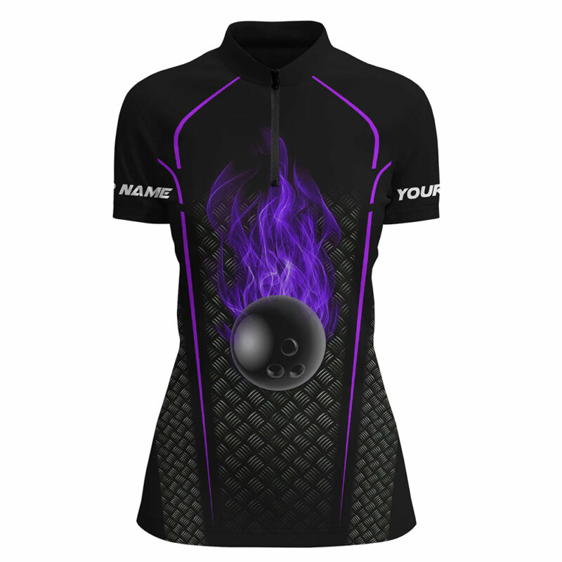 Bowling Ball Fire Black Custom Quarter Zip Bowling Jersey 3D Bowling Team Shirt For Women  Purple