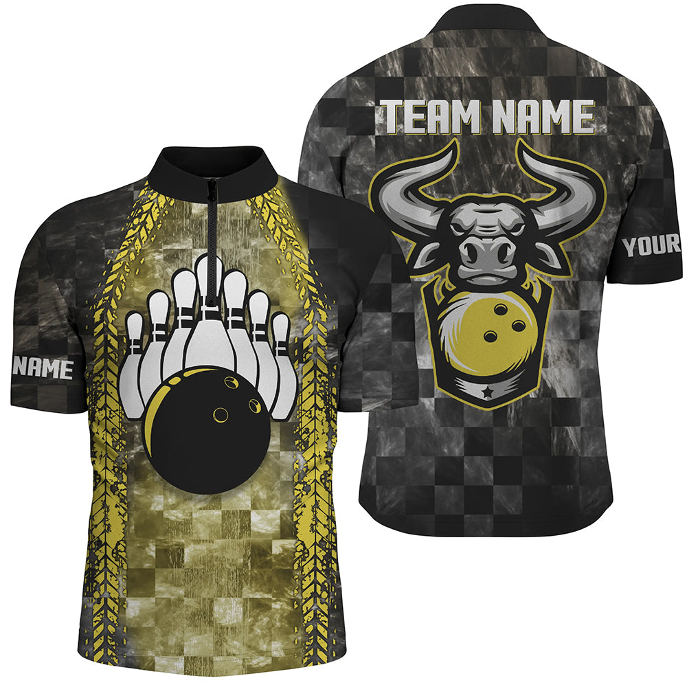 Bowling Bull Black And Yellow Mens bowling Quarter Zip shirts Custom bowling ball pins Team Jersey