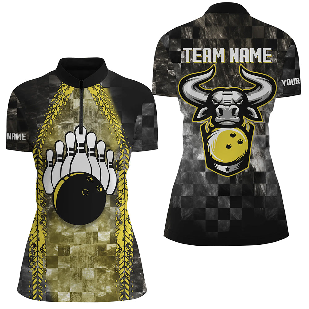Bowling Bull Black And Yellow Womens Bowling Quarter Zip Shirts Custom Bowling Ball Pins Team Jersey, Custom Bowling Shirts 1 Bowling Bull Black And Yellow Womens Bowling Quarter Zip Shirts Custom Bowling Ball Pins Team Jersey