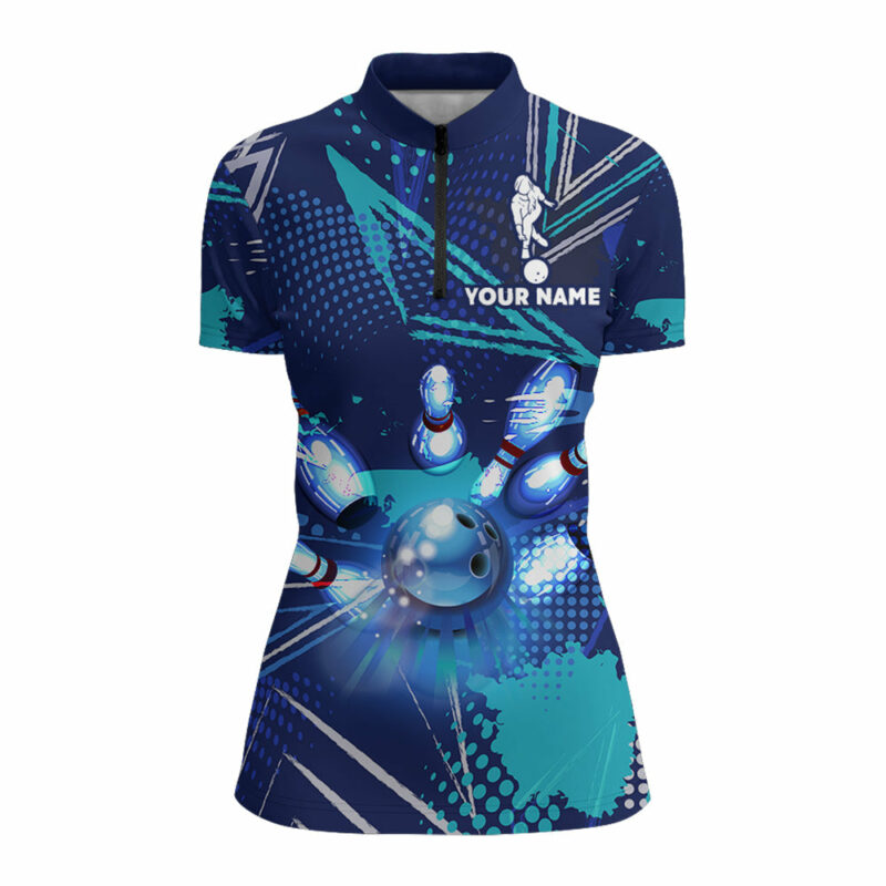 Bowling Quarter Zip Shirt For Women Custom Blue Bowling Jersey Ladies Bowling Team League Shirt