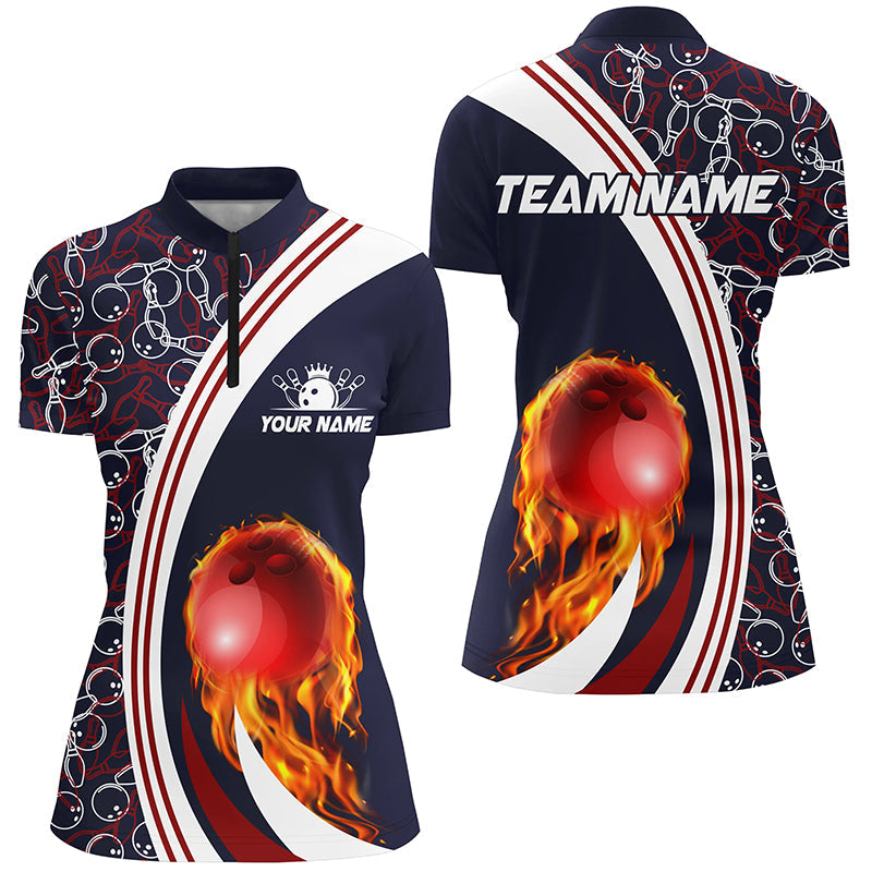 Bowling Quarter Zip Shirt For Women Custom Camo Flame Bowling Ball Fire Team League Jerseys  Navy