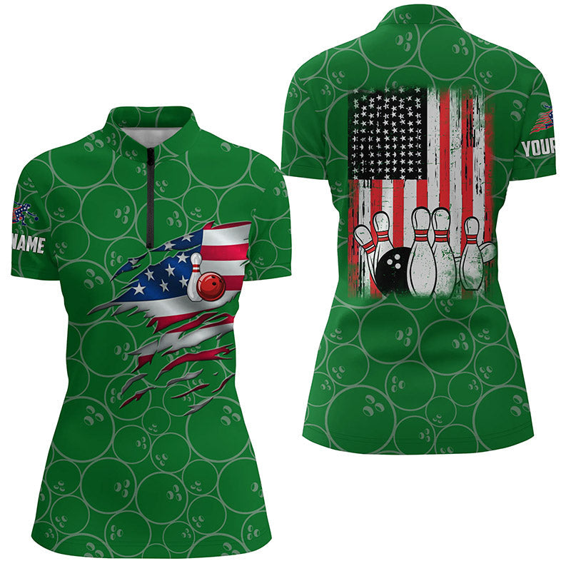 Bowling Quarter Zip Shirt For Women Custom Green Retro American Flag Bowling Jerseys