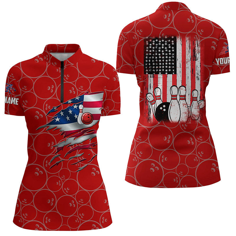 Bowling Quarter Zip Shirt For Women Custom Red Retro American Flag Bowling Jerseys