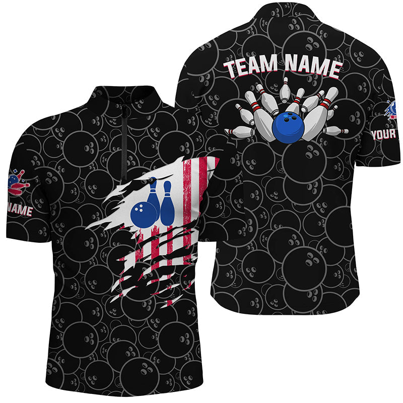 Bowling Quarter Zip Shirt Men Bowling Jerseys Personalized American flag black Bowling Team Shirts