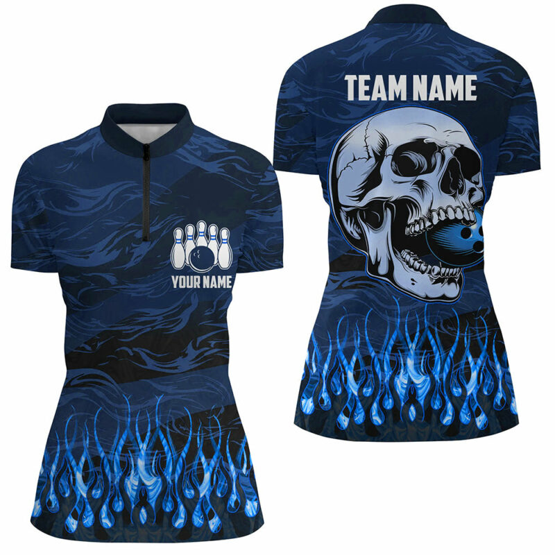 Bowling Quarter Zip Shirts For Women Custom Blue Camo Flame Skull Bowling Team League Jerseys