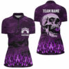 Bowling Quarter Zip Shirts For Women Custom Purple Camo Flame Skull Bowling Team League Jerseys