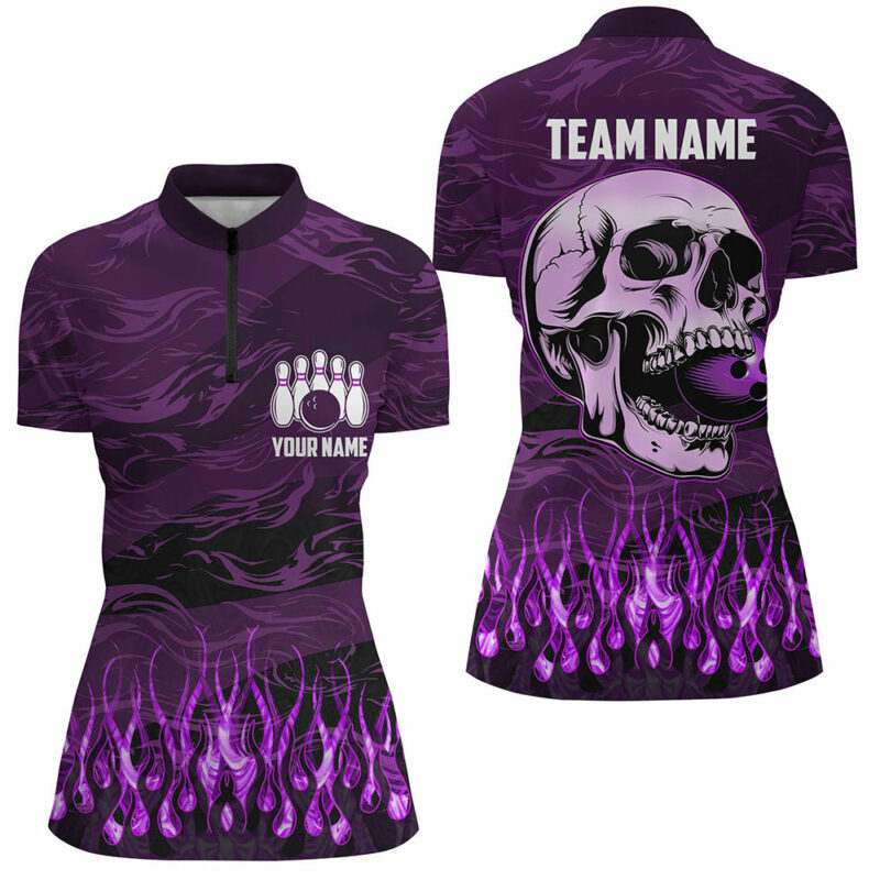Bowling Quarter Zip Shirts For Women Custom Purple Camo Flame Skull Bowling Team League Jerseys