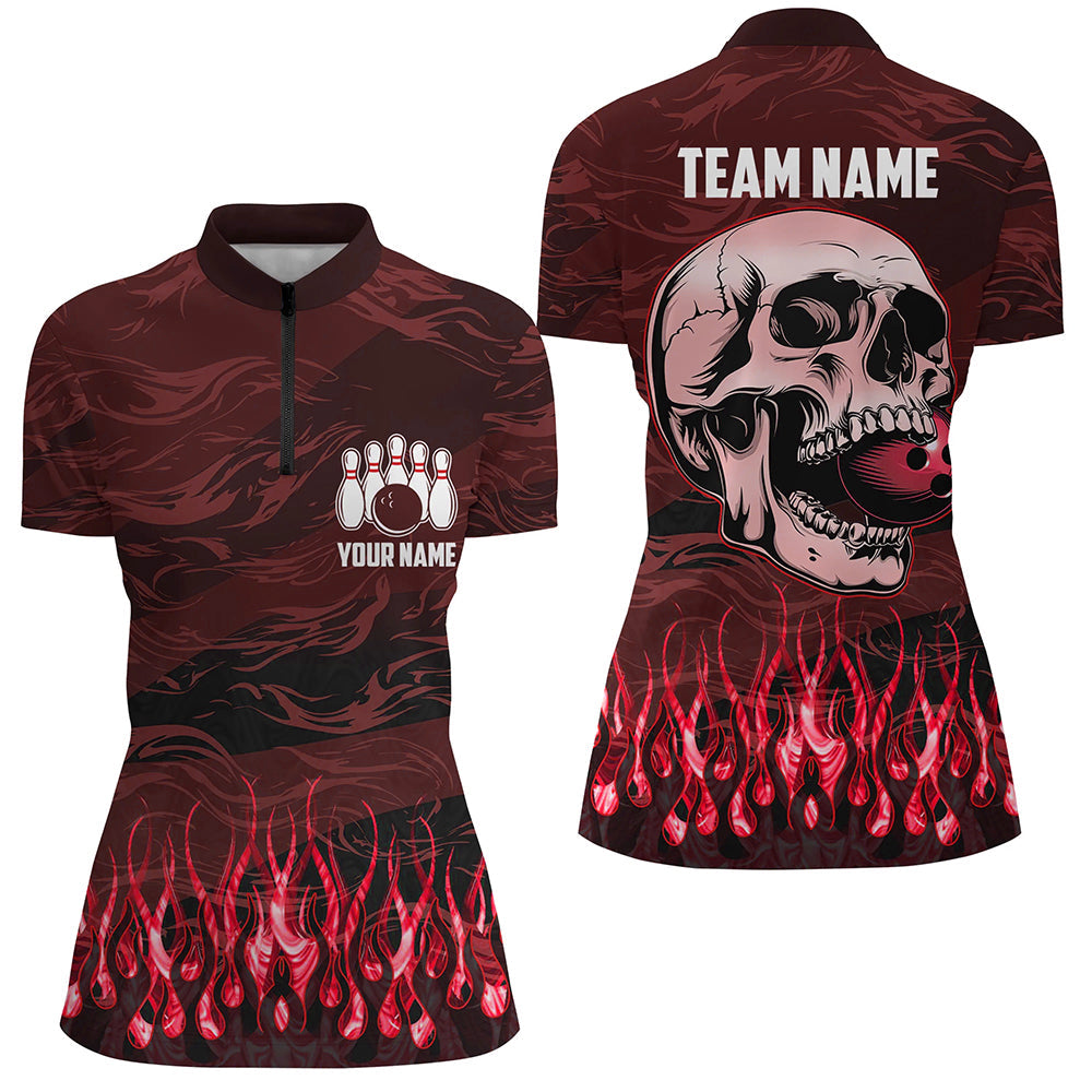 Bowling Quarter Zip Shirts For Women Custom Red Camo Flame Skull Bowling Team League Jerseys