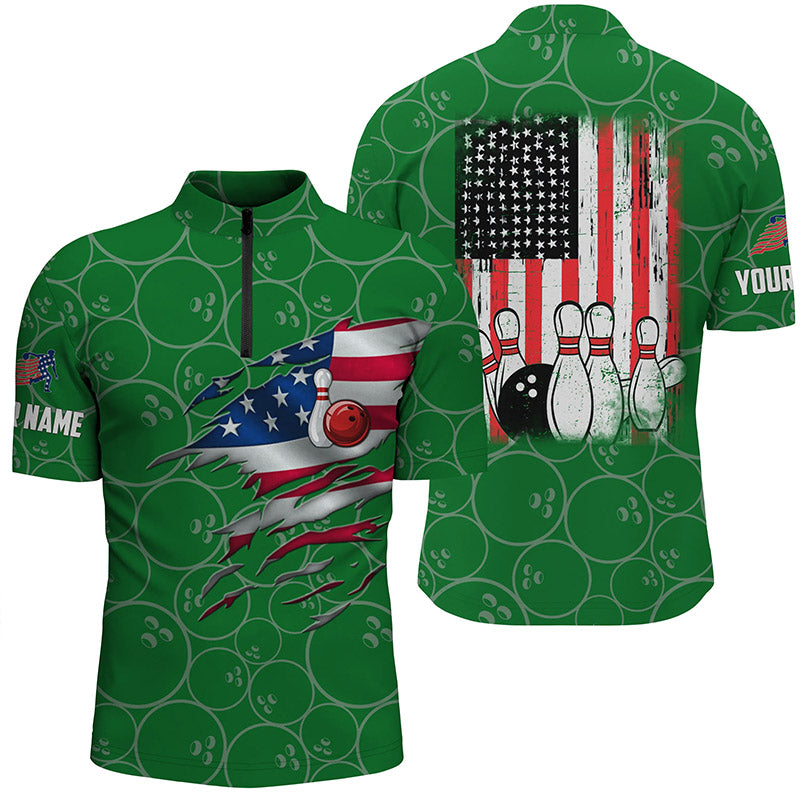 Bowling Quarter Zip shirt for men custom green vintage American flag bowling jerseys
