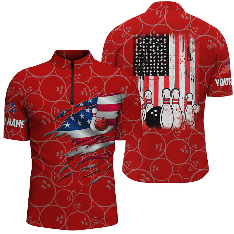 Bowling Quarter Zip shirt for men custom red vintage American flag bowling jerseys