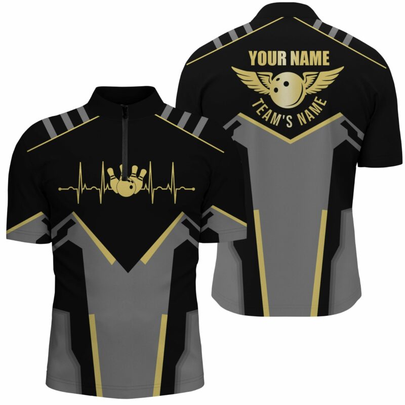Bowling Quarter Zip shirts for men Custom black Heartbeat Pulse Line Bowling Team Jerseys for Men