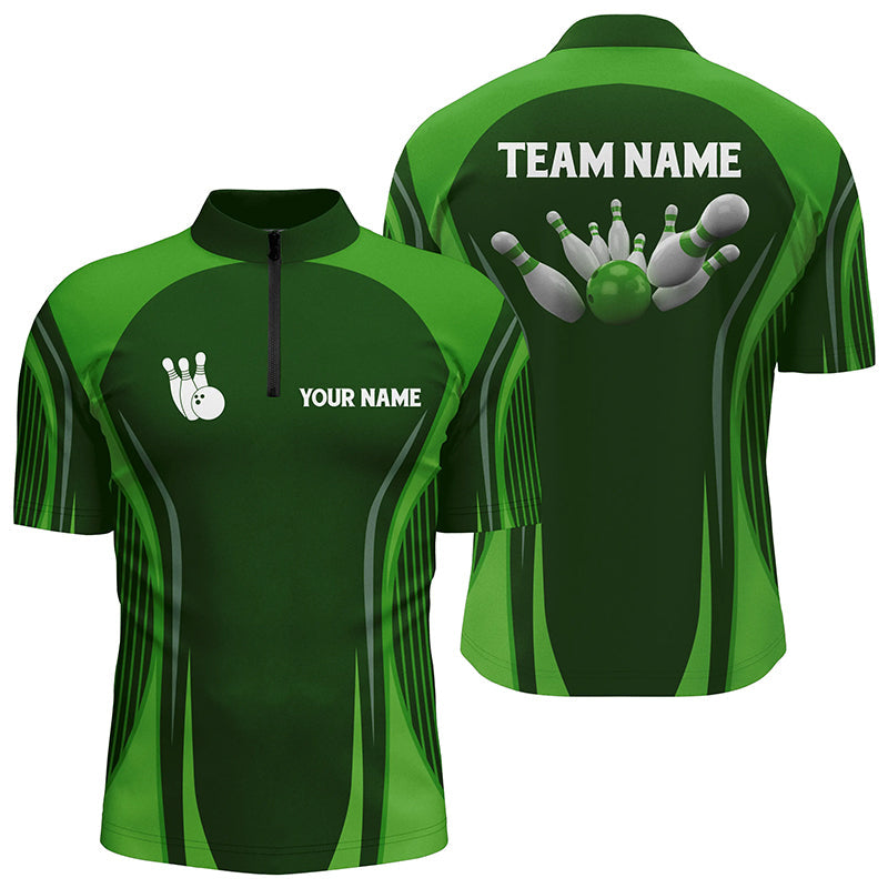 Bowling Quarter Zip shirts for men Custom bowling ball and pins green vintage Bowling Team Jerseys