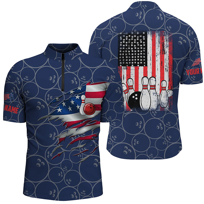 Bowling Quarter Zip shirts for men custom blue vintage American flag bowling jerseys